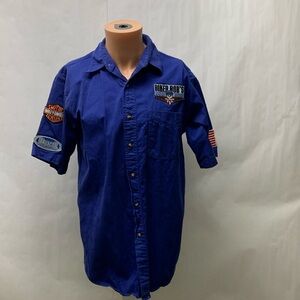 Jonathan Corey Blue Button garage shirt patches biker bob’s Harley flag medium